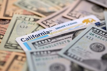 California state driving license among big amount of US dollar bills close up