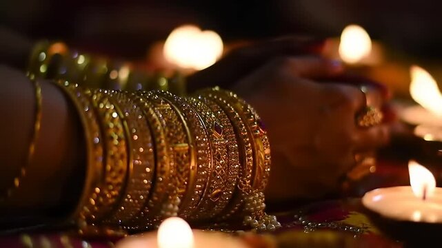 Gold bangles with hands, candle light, and evening.