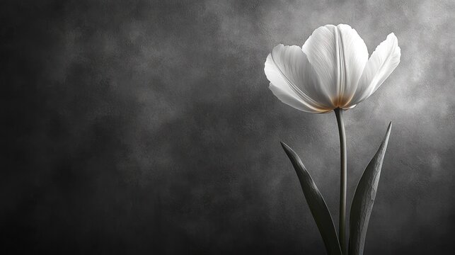 Elegant white tulip in grayscale, smoky backdrop