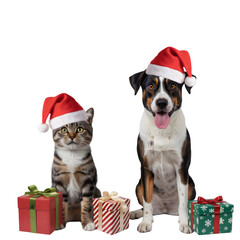 Cute cat and dog wearing Santa hats with gifts isolated on a transparent background animal christmas