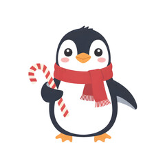 Cute penguin with red scarf holding candy cane isolated on a transparent background animal bird
