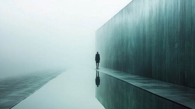 Foggy path, minimalist architecture, solitary figure, reflection