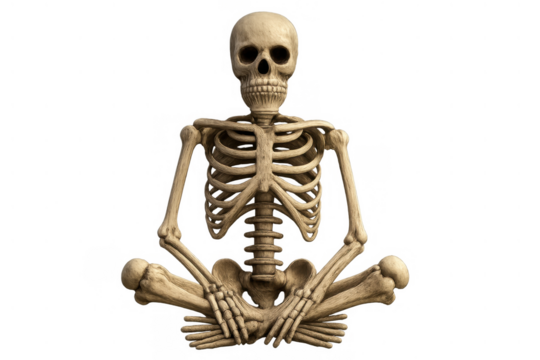 Skeleton meditating in lotus pose, symbolizing mindfulness, balance, death, and human anatomy, on transparent background