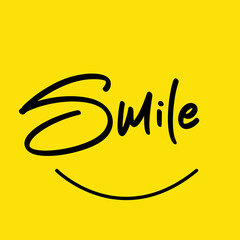 Bright yellow background with the word “Smile” written in stylish black handwritten typography, forming a cheerful smiley face.