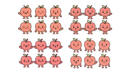 Obraz premium Chibi apple character with six expressive faces in pastel flat vector style. Perfect for healthy lifestyle campaigns, food illustration projects, or educational vector packs.