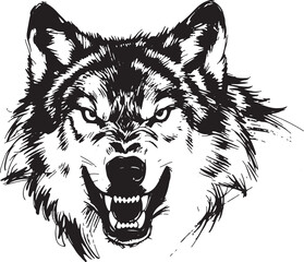angary wolf head vector, black and white sketch PNG illustration