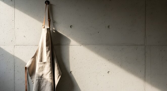 Apron with Leather Straps Hanging on Textured Concrete Wall with Sunlight
