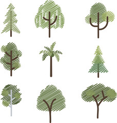 Hand Drawn Tree Illustration Set — Scribble Forest Plants, Green Botanical Elements