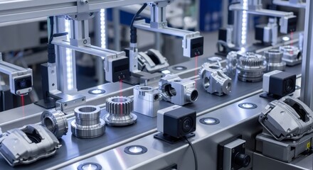 Industrial robotization: machine vision system with laser for quality control of spare part on conveyor belt. Automated production inspection technology concept.