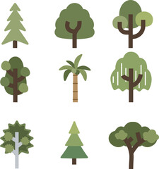 Flat Tree Icon Set — Minimal Nature Illustration, Green Forest Botanical Elements