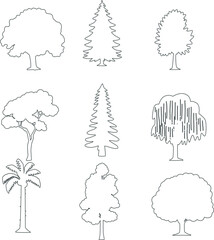 Tree Outline Illustration Set — Simple Forest Line Art, Minimal Botanical Trees Clipart