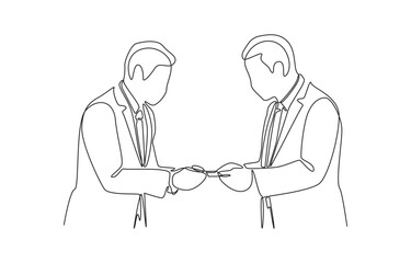 Continuous one line drawing of two businessmen exchanging business cards while bowing, symbolizing professionalism, respect, cultural etiquette, and business networking, single line art.