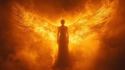 Fiery angel silhouette in a smoky, orange-red background