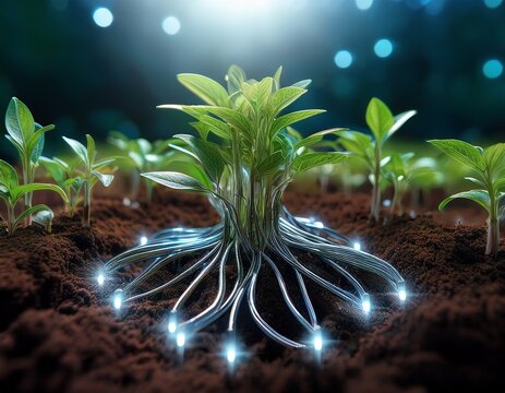 futuristic metallic roots system with glowing lights amidst sprouting green plants in rich soil - Powered by Adobe