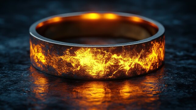 Fiery, glowing ring on dark surface - Powered by Adobe