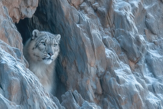 Fototapeta Léopard des neiges — camouflage parfait sur falaise