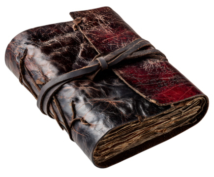 Ancient leather bound journal with intricate textured cover and tie closure