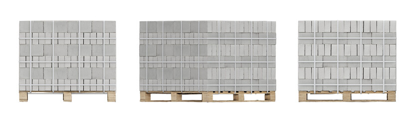 Orthographic views: palletized Cement Bricks. Isolated on a transparent background. 3D illustration