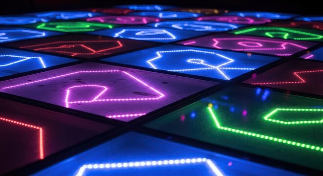 Vibrant chromatic geometry creates a captivating futuristic dance floor pattern