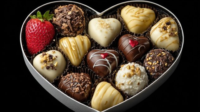 Heart-shaped chocolate candies with strawberry in gift box