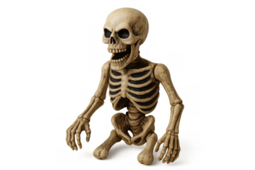Scary skeleton toy laughing or screaming, depicting halloween, death, and spooky horror with transparent background