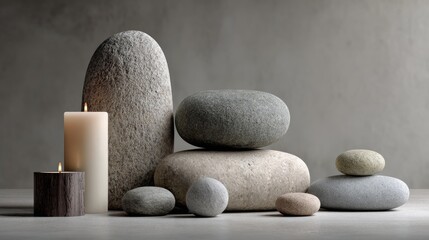 Minimalist zen stones with burning candles on neutral background