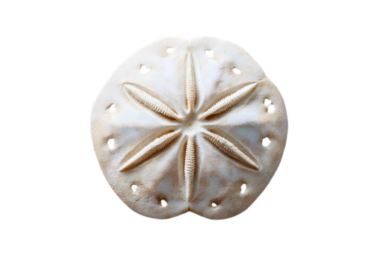 Top view of a white sand dollar shell with star pattern and holes