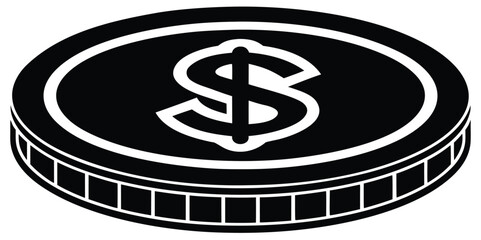 Isometric dollar coin icon in a flat black and white vector illustration style, representing money and finance concepts