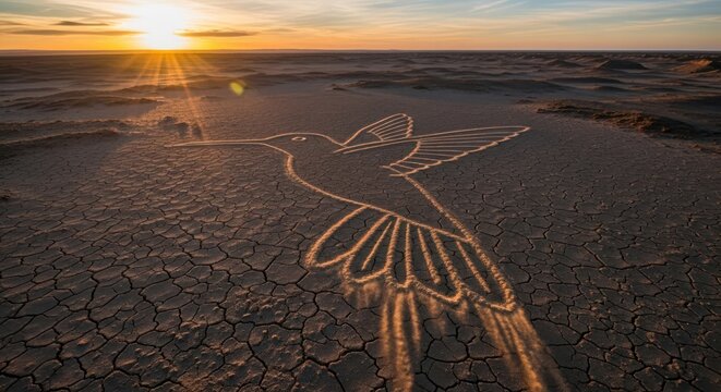 Mystical hummingbird geoglyph etched onto cracked desert earth under vibrant sunset glow