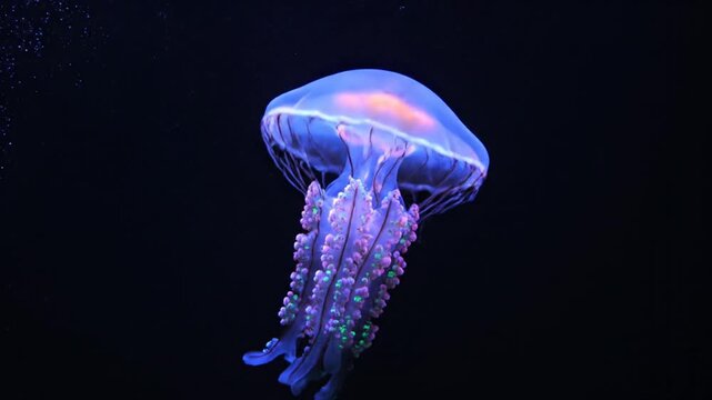 Stunning close-up of a bioluminescent jellyfish against a black background