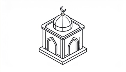A simple isometric line drawing of a mosque with a dome and a crescent moon on top.