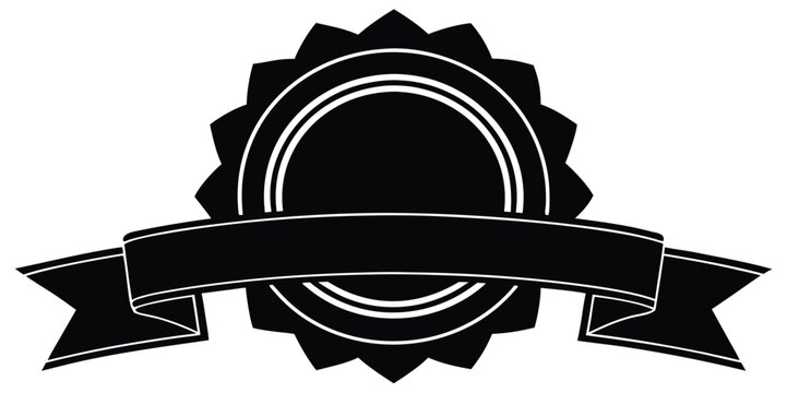 A flat black and white vector illustration of a classic award seal with a blank ribbon banner, a graphic element for quality or guarantee