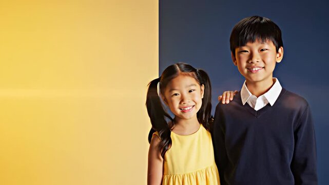 Happy asian siblings smiling in studio portrait. Young brother and sister posing together against split yellow and blue background. Family and childhood concept with copy space