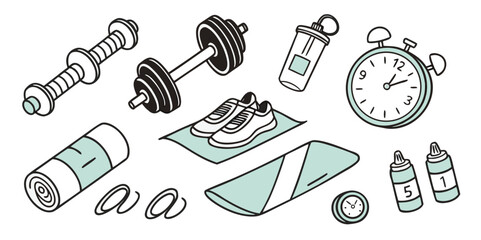 Flat vector doodle set of essential gym and workout equipment, illustrating a healthy and active lifestyle with various fitness tools and accessories on a clean white background
