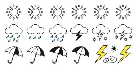 Weather Icons Flat Vector Doodle Set with Sun, Rain, Umbrella, and Lightning on White