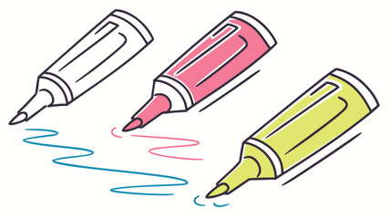 A colorful set of highlighter markers in a hand-drawn doodle style. Flat vector illustration of school supplies isolated on a white background