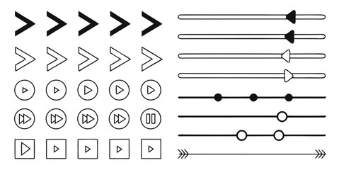 Vector collection of media player UI elements. Flat line art icon set with play, forward, and slider controls on white background