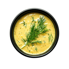 A bowl of pumpkin soup with basil leaves Isolated transparent on white background