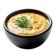 A bowl of pumpkin soup with basil leaves Isolated transparent on white background