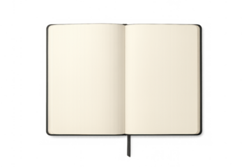 Open blank notebook with empty pages and a bookmark, perfect mock-up for notes or journaling on transparent background