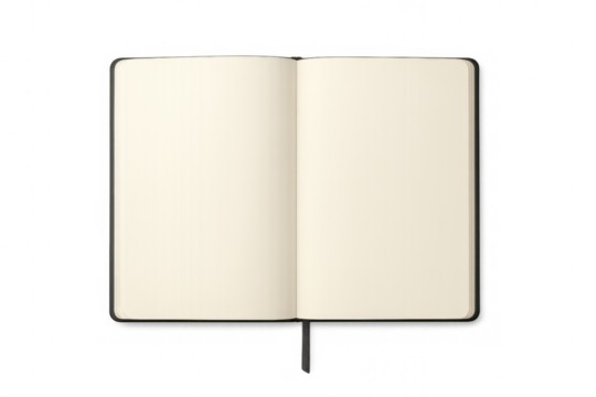 Open blank notebook with empty pages and a bookmark, perfect mock-up for notes or journaling on transparent background