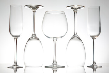 Elegant glassware arranged artistically against a white background with a soft glow