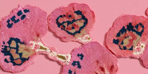 Microscopic-style composition featuring dense circular structures connected by organic filaments.