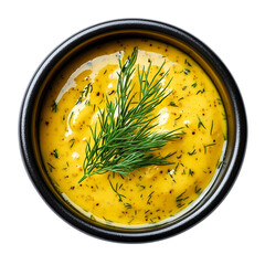 A bowl of pumpkin soup with basil leaves Isolated transparent on white background
