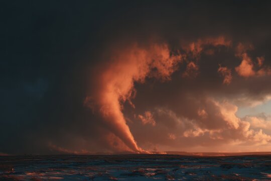 Massive glowing tornado forms over a barren landscape during a dramatic sunset, showcasing unusual climatic phenomena and contrasting colors - Powered by Adobe
