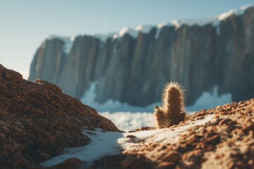 Cactus sprouting resiliently from a snow-covered rock amidst a breathtaking snowy landscape with towering cliffs