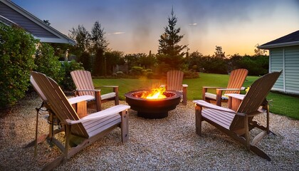 Obraz premium cozy backyard with outdoor fire pit surrounded by lawn chairs warm late summer