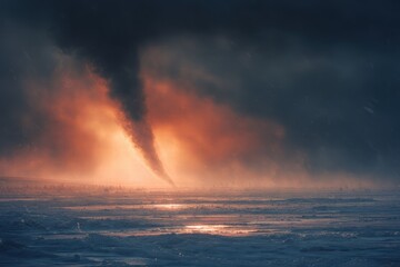 Tornado twisting through snowy plains as fiery hues illuminate an unusual winter landscape during an intense weather event