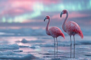 Fototapeta premium Standing in the icy Arctic tundra, two flamingos exhibit vibrant colors against a backdrop of soft pastel skies and shimmering ice