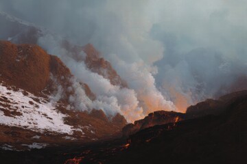 Lava rain falls on icy mountain landscape in a striking contrast of fire and ice during an unusual climatic event